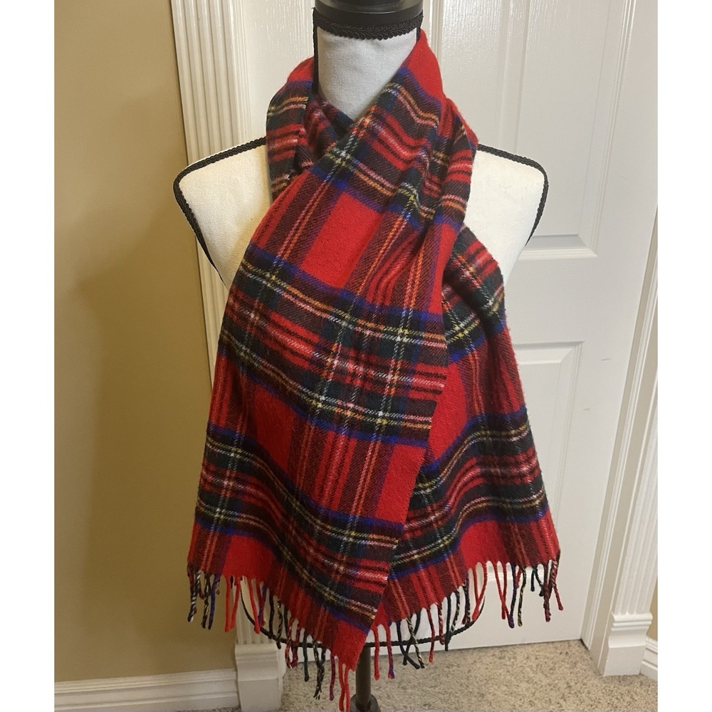 Vtg. Tie Rack Lambswool Wool Scarf Made in Scotland Red Tartan Plaid Fringe End